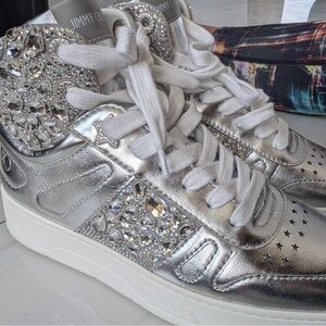 Jimmy Choo Metallic Silver Embellished Sneakers